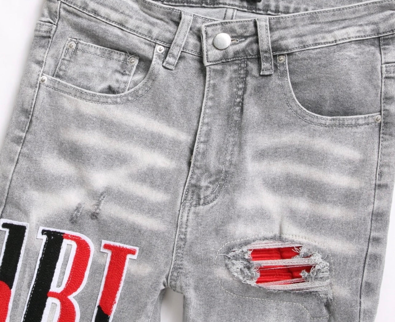 Amiri Jeans Grey w/ Red Stitched Logo