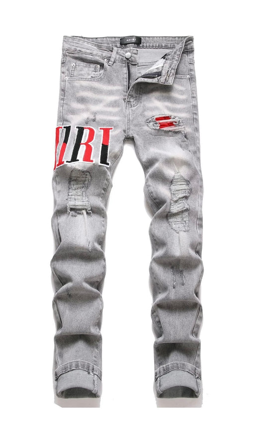 Amiri Jeans Grey w/ Red Stitched Logo